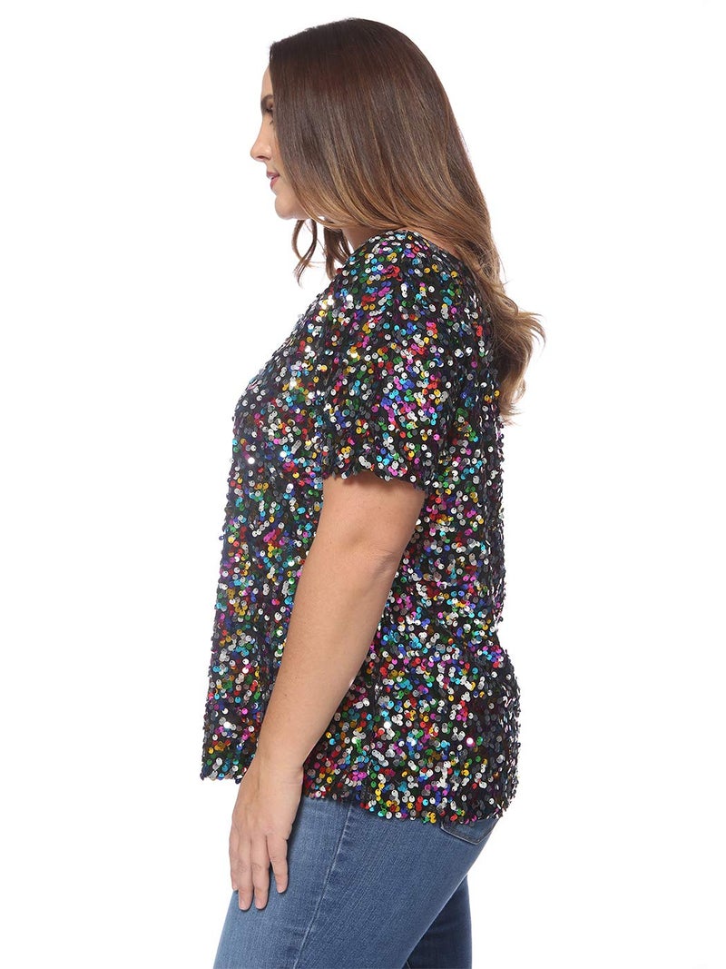 Anna-Kaci Women's Plus Size Sequin Sexy One Shoulder Short Sleeve Party Club Top, Multicolored, 1X-Large - Image 3